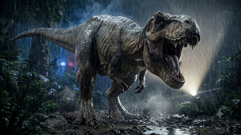A towering T. rex looming in the rain